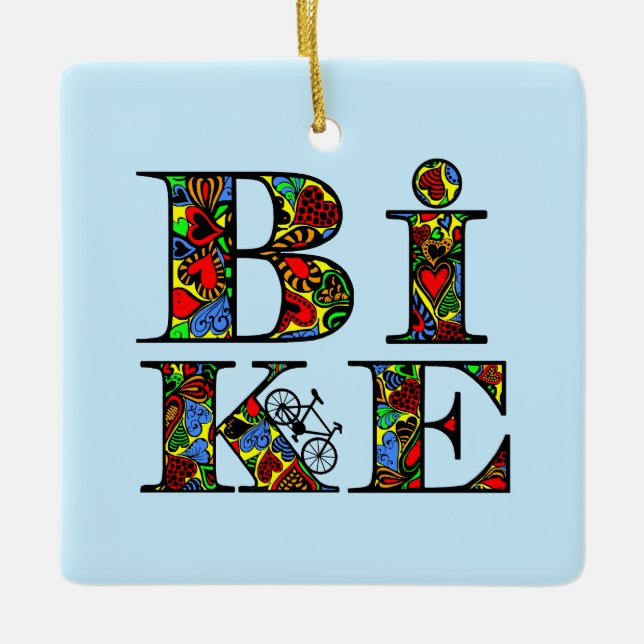 Heart Filled Bike Text Ceramic Ornament (Front)