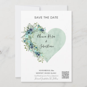 *~* Heart Floral Aqua AR6 QR WEDDING SAVE the DATE Invitation