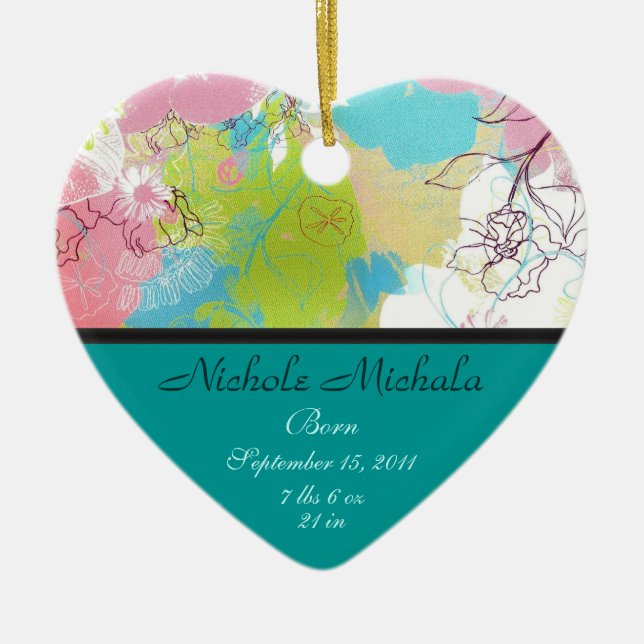 Heart Floral Birth Announcement Keepsake Ceramic Tree Decoration (Front)