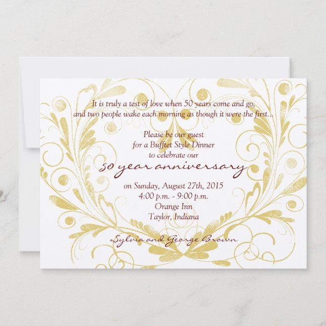 Heart Floral Diamond 50th Wedding Anniversary Invitation (Front)