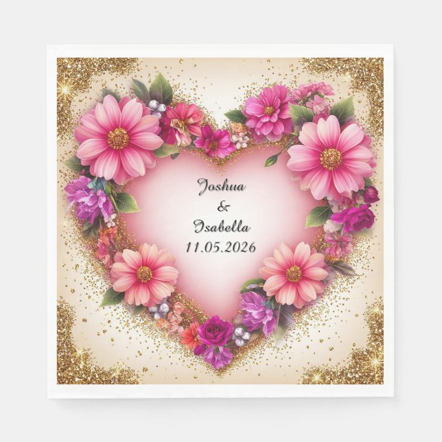 🌸 Heart Floral Name For Anniversary Dinner Table  Napkin (Front)