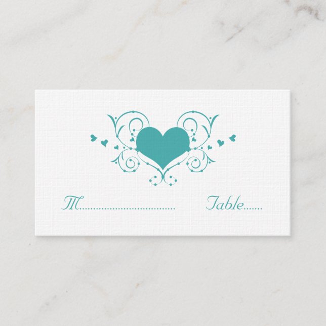 Heart Flourish Place Card, Teal Place Card (Front)