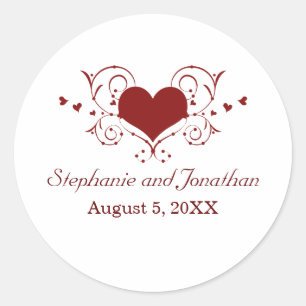 Heart Flourish Wedding Stickers, Red Classic Round Sticker