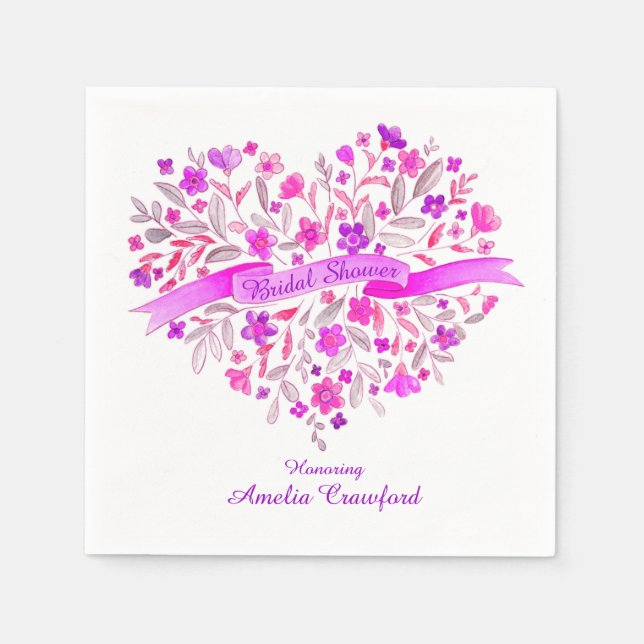 Heart flower bouquet purple bridal shower napkins (Front)