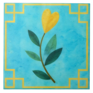 Heart Flower Gold Turquoise Floral Decorative Tile