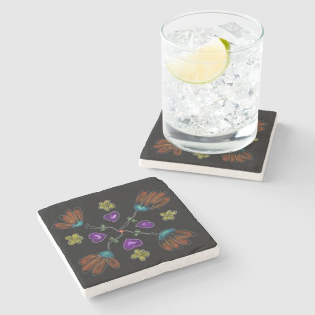 Heart & Flower on Black  Stone Coaster (Side)