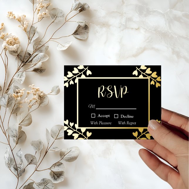 Heart Flowers on Black Gold RSVP Card (Creator Uploaded)