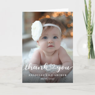 Heart font thank you, photo baby announcement card