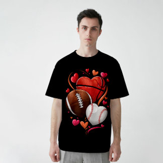 Heart Football Basketball Baseball Valentines Day  T-Shirt