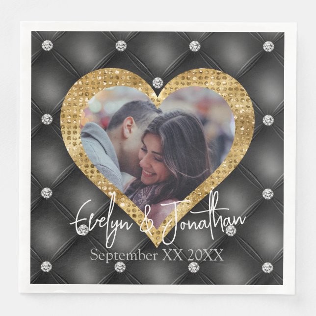 Heart Frame Custom Photo Black & Gold Diamonds Napkin (Front)