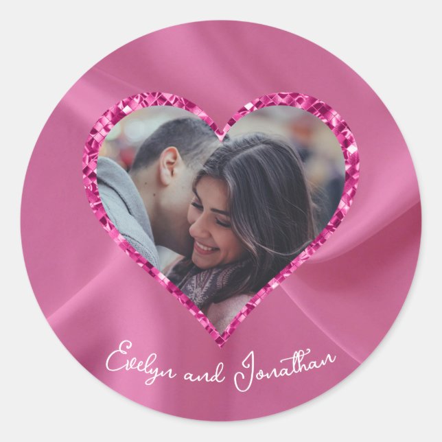 Heart Frame Custom Photo Blush Pink with Diamonds Classic Round Sticker (Front)