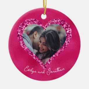 Heart Frame Custom Photo Hot Pink with Diamonds Ceramic Tree Decoration