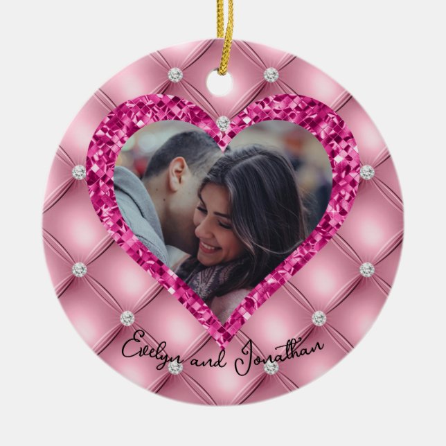 Heart Frame Custom Photo Pink Cushion & Diamonds Ceramic Tree Decoration (Front)
