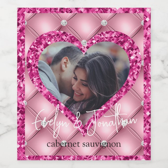 Heart Frame Custom Photo Pink Cushion & Diamonds W Wine Label (Single Label)