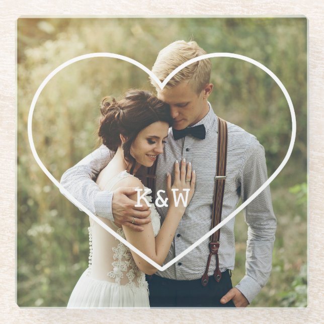 Heart Frame Modern Monogram Photo Glass Coaster (Front)