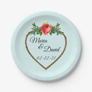 Heart Frame With Watercolor Rose Paper Plate