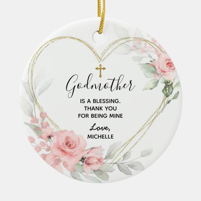 Heart Geometric Blush Pink Floral Godmother Ceramic Tree Decoration (Front)
