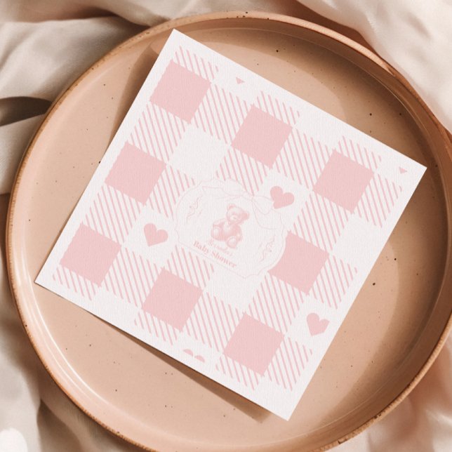 Heart Gingham French Teddy Bear Baby Shower Napkin (Creator Uploaded)