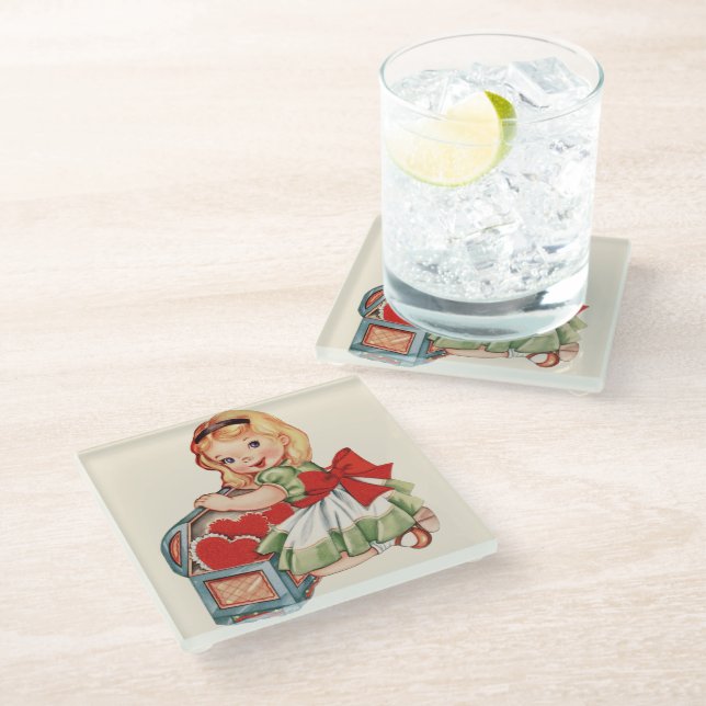 Heart Girl Child Retro Cute Children Glass Coaster (Angled)