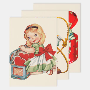 Heart Girl Child Retro Cute Children Wrapping Paper Sheet