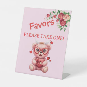 Heart Glasses Teddy Bear Pink Baby Shower Pedestal Sign