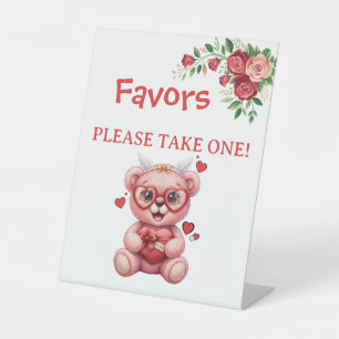 Heart Glasses Teddy Bear Pink Baby Shower Pedestal Sign