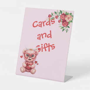 Heart Glasses Teddy Bear Pink Baby Shower Pedestal Sign