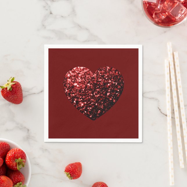 Heart glitter sparkles dark red Valentines Napkin (Insitu)