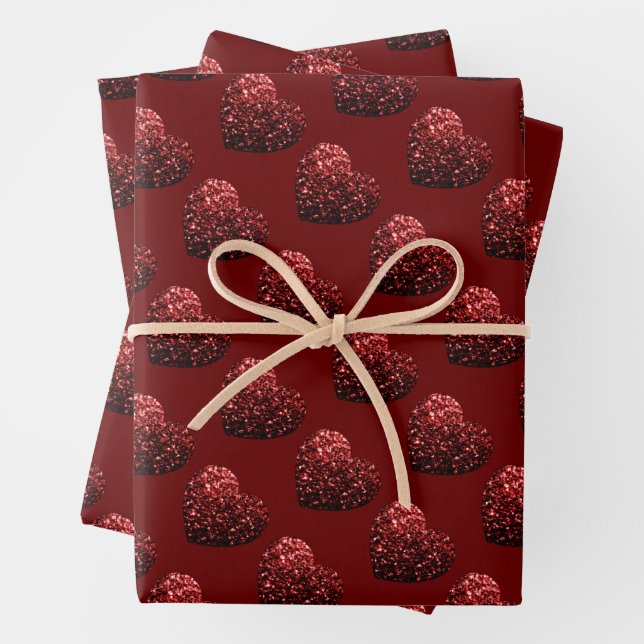 Heart glitter sparkles pattern dark red Valentines Wrapping Paper Sheet (In situ)