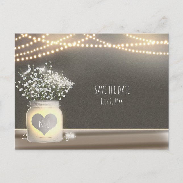 Heart Glowing Mason Jar & Baby's Breath Wedding Announcement Postcard (Front)