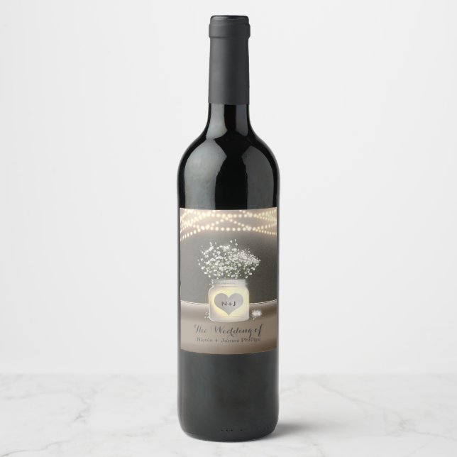 Heart Glowing Mason Jar & Baby's Breath Wine Label (Front)