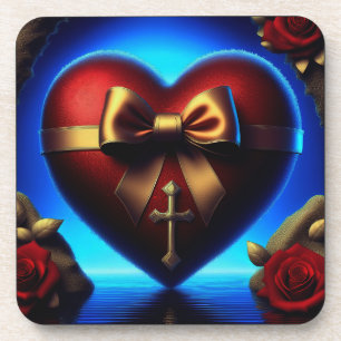 Heart Gold Ribbon Cross Roses Coaster