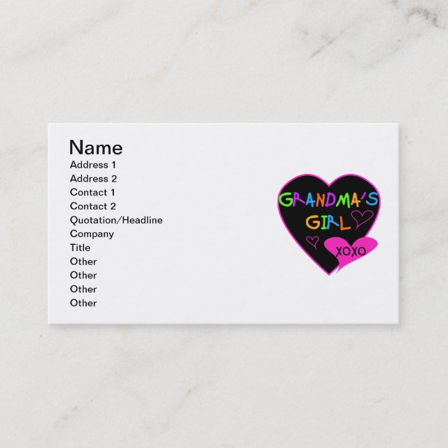 Heart Grandma's Girl T-shirts and Gifts Business Card (Front)