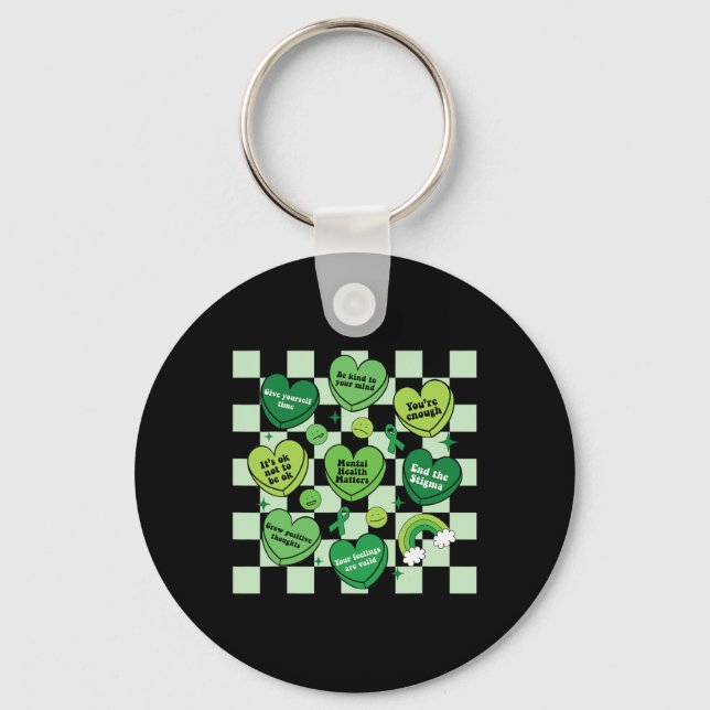 Heart Green Ribbon Mental Health Problems Awarenes Key Ring (Front)