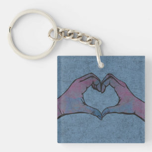 Heart Hands on Blue Background Key Ring