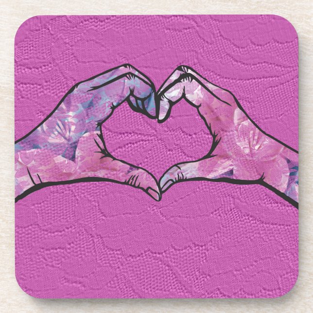 Heart Hands on Pink Lace Background Coaster (Front)