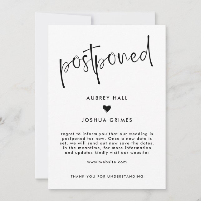 Heart & Handwriting Postponed Wedding Invitation (Front)