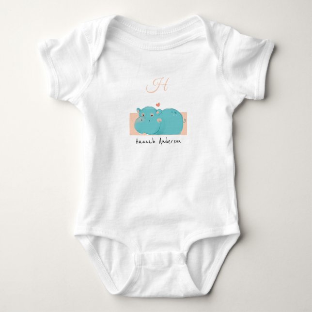 Heart Hippo • Add Your Name Cute Alphabet Monogram Baby Bodysuit (Front)