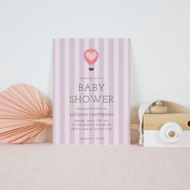 Heart Hot Air Balloon Pastel Purple Baby Shower  Invitation (Creator Uploaded)