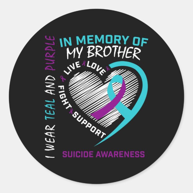 Heart In Memory Of My Brother Suicide Awareness Pr Classic Round Sticker (Front)