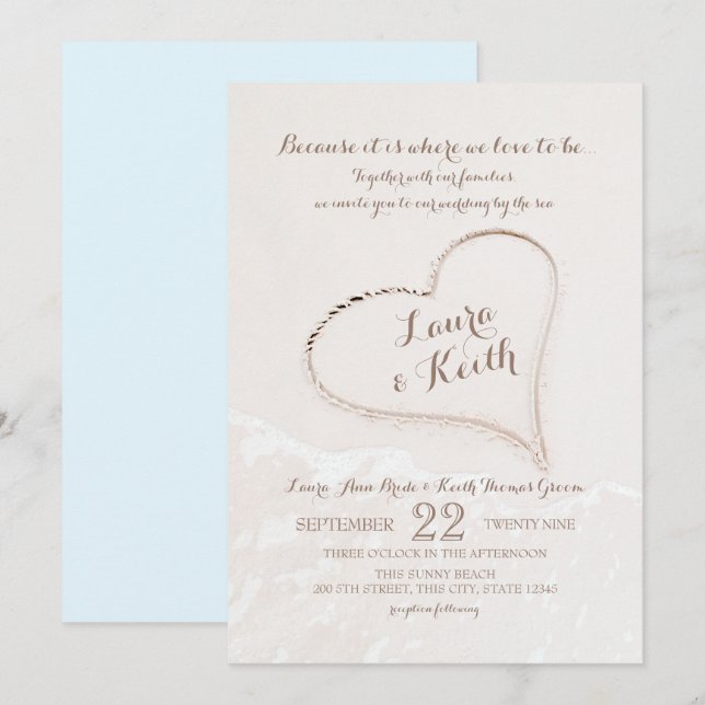 Heart in Sand Beach Wedding Invitation (Front/Back)