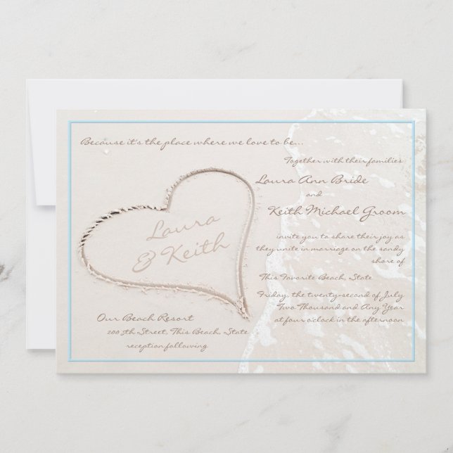 Heart in Sand Beach Wedding Invitation (Front)