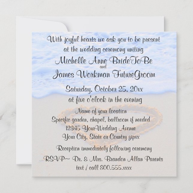 Heart in Sand Beach Wedding with RSVP Invitation (Front)
