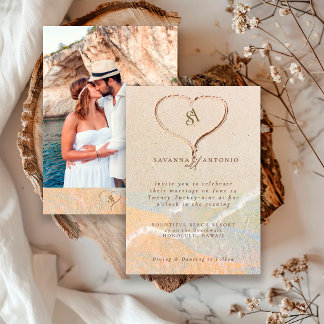 Heart in Sand Boho Photo Beach Destination Wedding Invitation