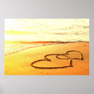 Heart in sand on a sandy beach, romantic photo poster