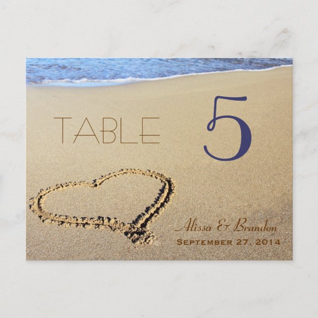 Heart in Sand Table Number Cards, Name & Date Postcard (Front)