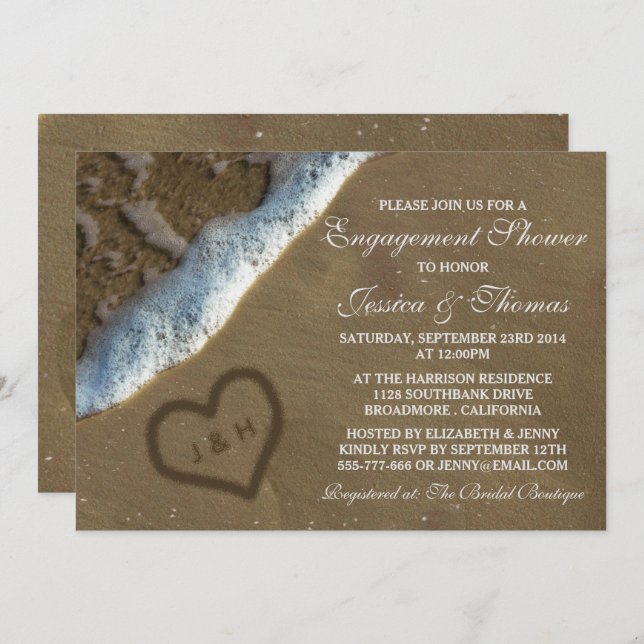 Heart In The Sand Beach Engagement Shower Invitation (Front/Back)