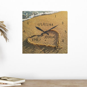 Heart in the Sand Beach Shore Tropical Ocean View Square Wall Clock
