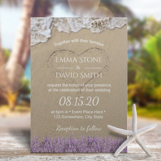 Heart in the Sand Lavender Floral Beach Wedding Invitation (Creator Uploaded)