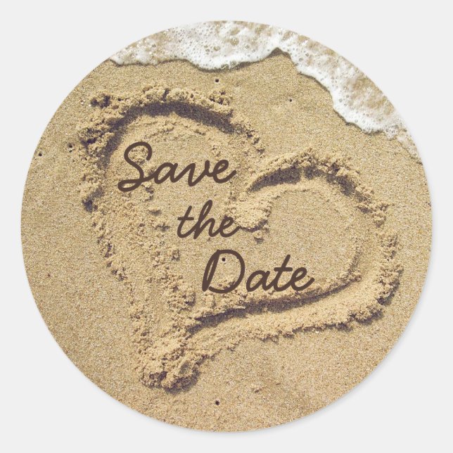 Heart in the Sand Save the Date Stickers (Front)